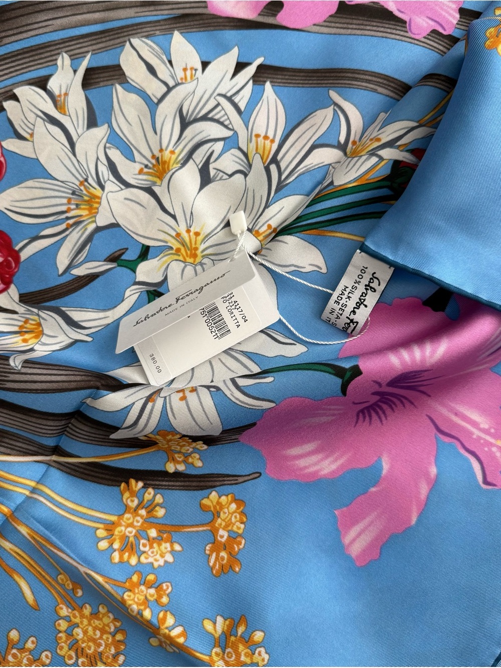 Display #2 Salvatore Ferragamo Blue Floral Silk Scarf with Pink and White Blooms